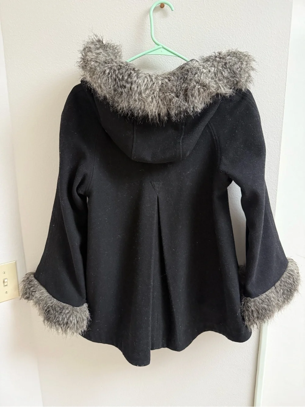 GUESS Black Wool Blend Winter Coat with Faux Fur Trim - Size XS